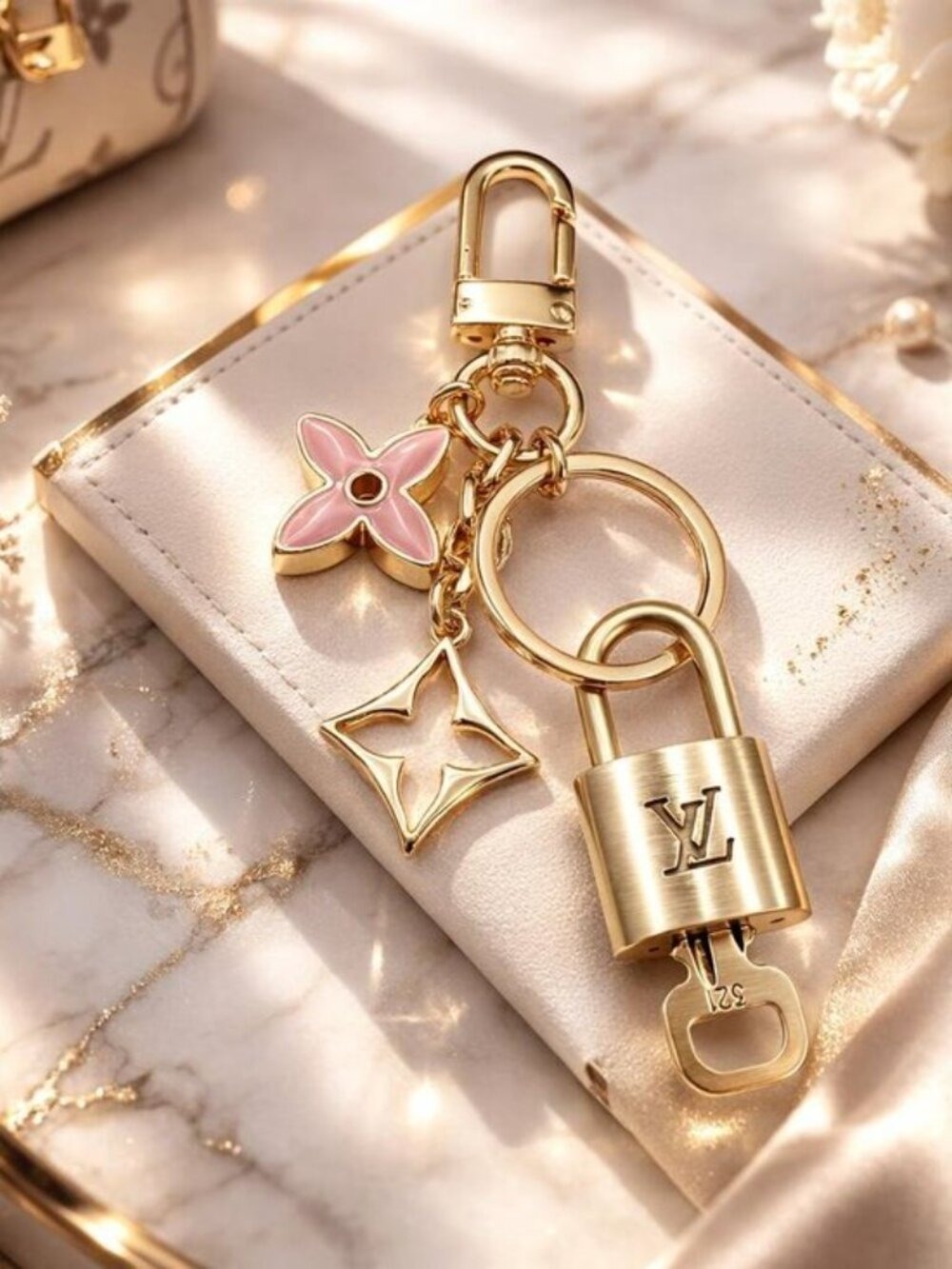 LV Authentic Gold Lock & Key 🔑 Luxury Bag Charm w/ Unbranded Flower Keychain